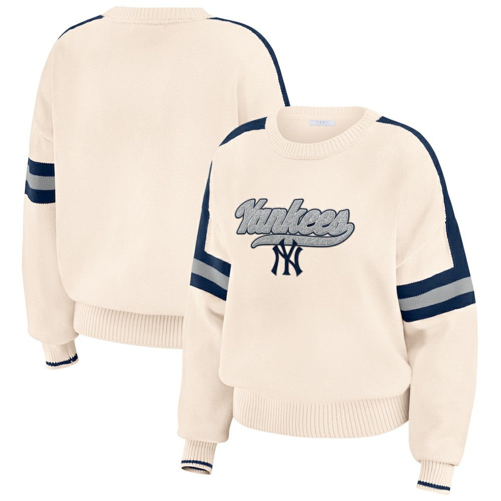 New York Yankees WEAR by Erin Andrews Women's Stripe Pullover Sweater - Cream - MLB Lifestyle