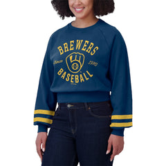 Milwaukee Brewers WEAR by Erin Andrews Women's Vintage Washed Cropped Pullover Sweatshirt - Navy - MLB Discount