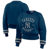 New York Yankees WEAR by Erin Andrews Women's Vintage Washed Cropped Pullover Sweatshirt - Navy - MLB Discount