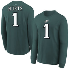 Nike Jalen Hurts Philadelphia Eagles Youth Player Name & Number Long Sleeve T-Shirt Midnight Green