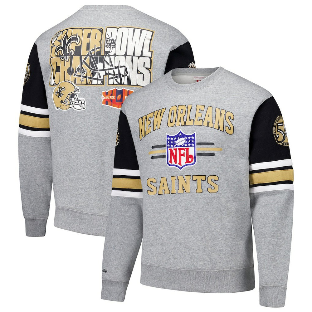 Mitchell & Ness New Orleans Saints All Over 4.0 Vintage Logo Pullover Sweatshirt Heather Gray