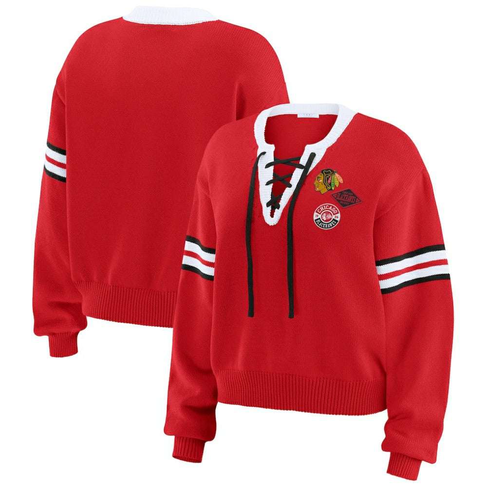 Chicago Blackhawks WEAR by Erin Andrews Women's Cropped Lace-Up Sweater - Red - NHL 201429722