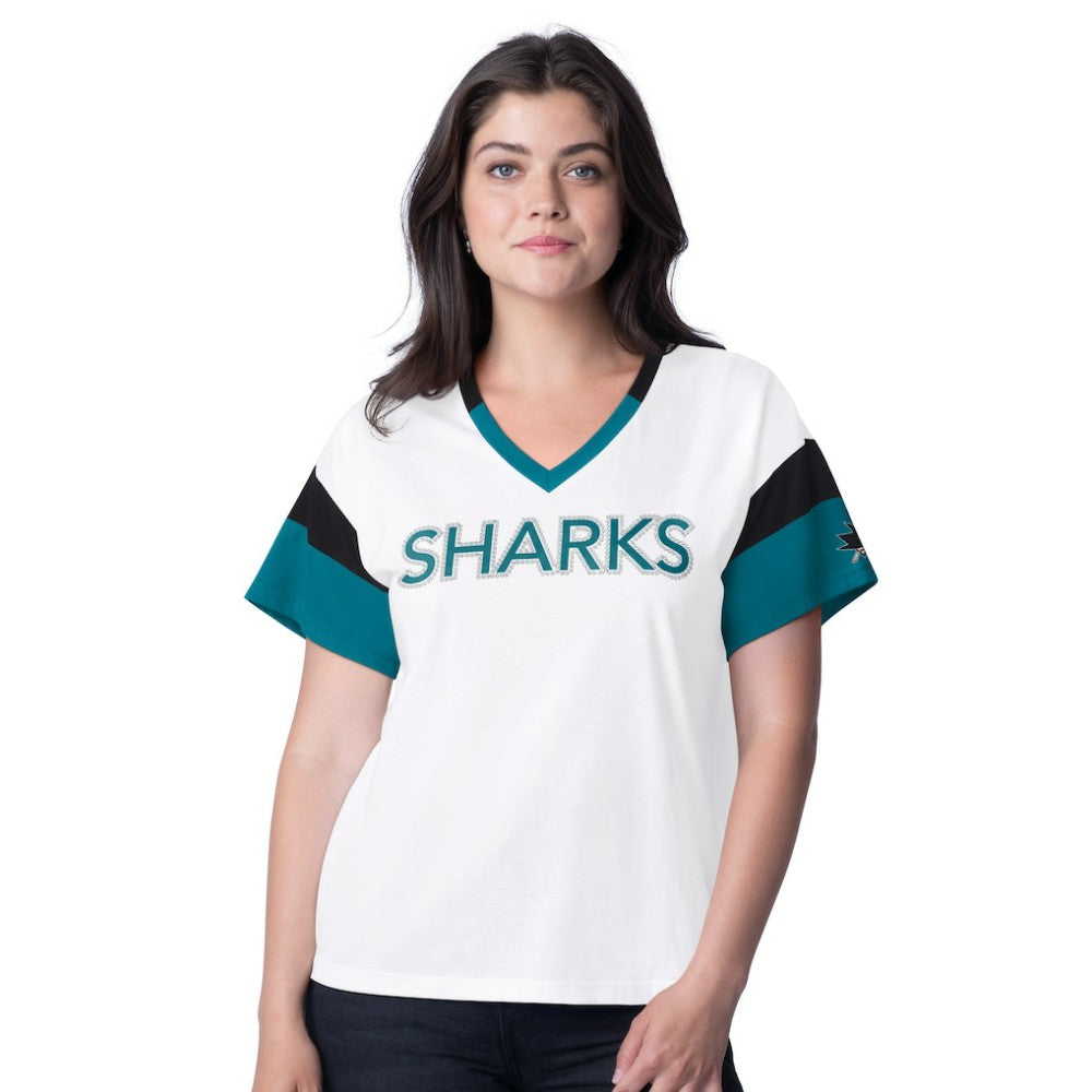 San Jose Sharks G-III 4Her by Carl Banks Women's Rink Oversized Rhinestone V-Neck T-Shirt - White - NHL 201432659