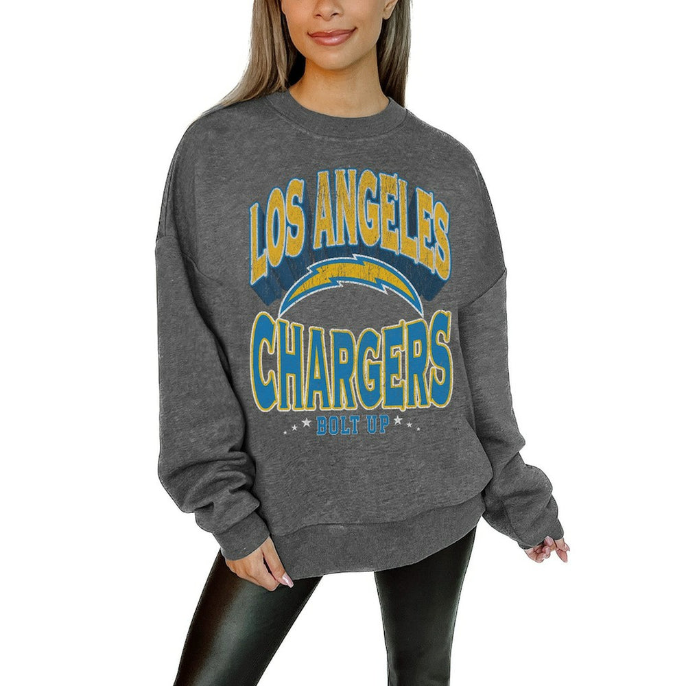 Los Angeles Chargers Gameday Couture Women's Oversized Long Weekend Premium Fleece Drop Shoulder Pullover Sweatshirt Charcoal