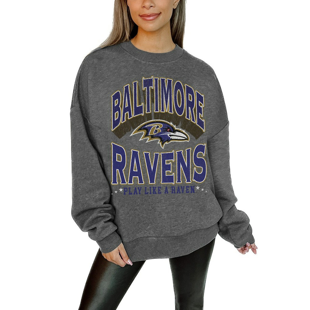 Baltimore Ravens Gameday Couture Women's Oversized Long Weekend Premium Fleece Drop Shoulder Pullover Sweatshirt Charcoal