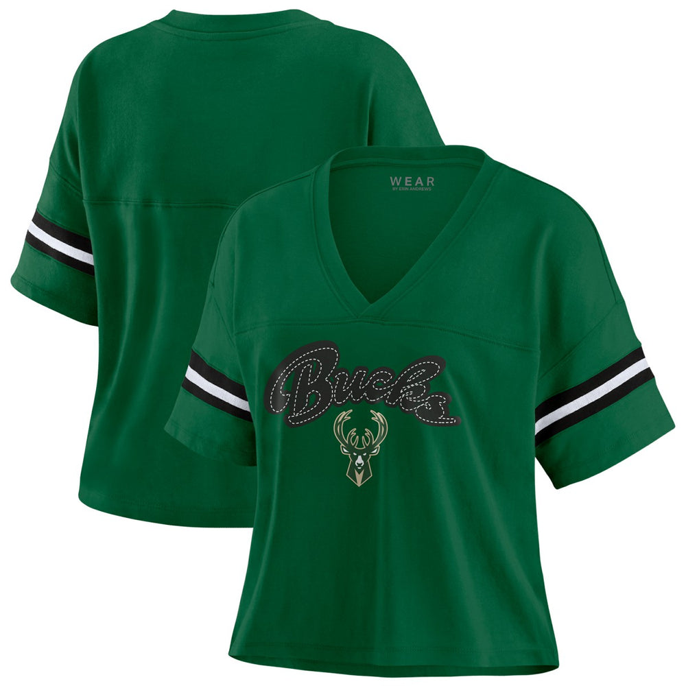 Milwaukee Bucks WEAR by Erin Andrews Women's Plus Size Color Block Boxy V-Neck T-Shirt Hunter Green