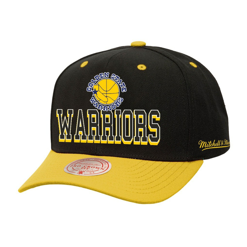 Golden State Warriors Backside Script Two-Tone Pro Crown Adjustable Hat for sale Black/Gold | Mitchell & Ness