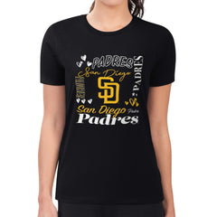 San Diego Padres G-III 4Her by Carl Banks Women's Super-Slim Fit Lightweight Collage Team Graphic Crew Neck T-Shirt - Black - MLB Lifestyle