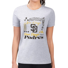 San Diego Padres G-III 4Her by Carl Banks Women's Super-Slim Fit Lightweight Collage Team Graphic Crew Neck T-Shirt - Heather Gray - MLB Sale