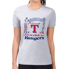 Texas Rangers G-III 4Her by Carl Banks Women's Super-Slim Fit Lightweight Collage Team Graphic Crew Neck T-Shirt - Heather Gray - MLB Online