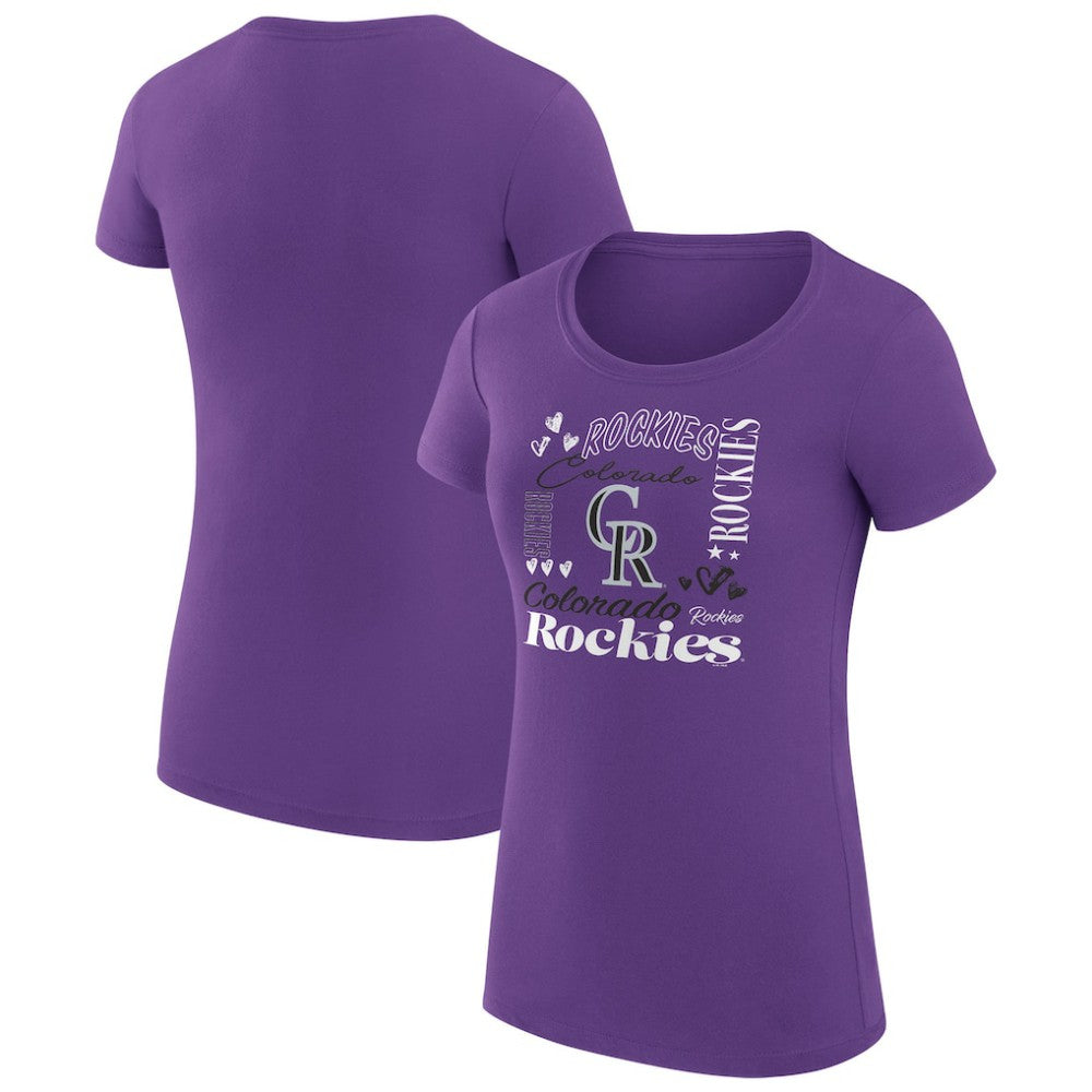 Colorado Rockies G-III 4Her by Carl Banks Women's Super-Slim Fit Lightweight Collage Team Graphic Crew Neck T-Shirt - Purple - MLB Sale