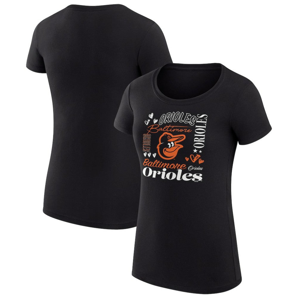 Baltimore Orioles G-III 4Her by Carl Banks Women's Super-Slim Fit Lightweight Collage Team Graphic Crew Neck T-Shirt - Black - MLB on Sale