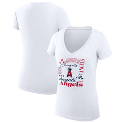 Los Angeles Angels G-III 4Her by Carl Banks Women's Super-Slim Fit Lightweight Collage Team Graphic V-Neck T-Shirt - White - MLB Sale