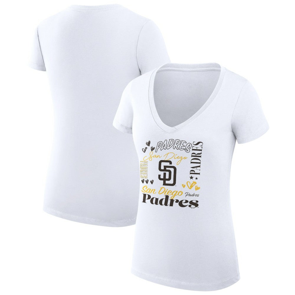San Diego Padres G-III 4Her by Carl Banks Women's Super-Slim Fit Lightweight Collage Team Graphic V-Neck T-Shirt - White - MLB Discount