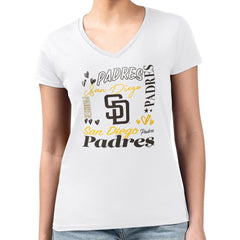 San Diego Padres G-III 4Her by Carl Banks Women's Super-Slim Fit Lightweight Collage Team Graphic V-Neck T-Shirt - White - MLB Discount