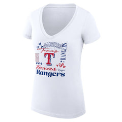 Texas Rangers G-III 4Her by Carl Banks Women's Super-Slim Fit Lightweight Collage Team Graphic V-Neck T-Shirt - White - MLB Lifestyle