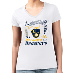 Milwaukee Brewers G-III 4Her by Carl Banks Women's Super-Slim Fit Lightweight Collage Team Graphic V-Neck T-Shirt - White - MLB Sale