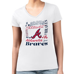 Atlanta Braves G-III 4Her by Carl Banks Women's Super-Slim Fit Lightweight Collage Team Graphic V-Neck T-Shirt - White - MLB Lifestyle