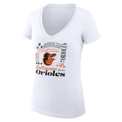 Baltimore Orioles G-III 4Her by Carl Banks Women's Super-Slim Fit Lightweight Collage Team Graphic V-Neck T-Shirt - White - MLB Lifestyle