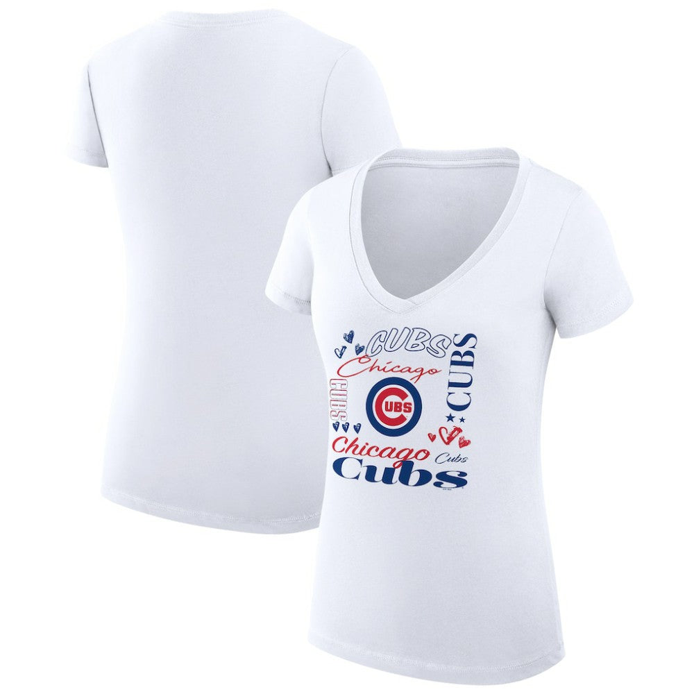 Chicago Cubs G-III 4Her by Carl Banks Women's Super-Slim Fit Lightweight Collage Team Graphic V-Neck T-Shirt - White - MLB Lifestyle
