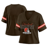 Cleveland Browns WEAR by Erin Andrews Women's Color Block Boxy Modest Crop V-Neck T-Shirt Brown