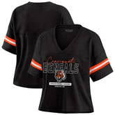 Cincinnati Bengals WEAR by Erin Andrews Women's Color Block Boxy Modest Crop V-Neck T-Shirt Black