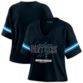 Carolina Panthers WEAR by Erin Andrews Women's Color Block Boxy Modest Crop V-Neck T-Shirt Black