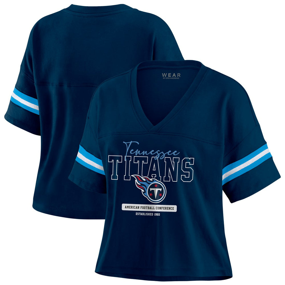 Tennessee Titans WEAR by Erin Andrews Women's Color Block Boxy Modest Crop V-Neck T-Shirt Navy