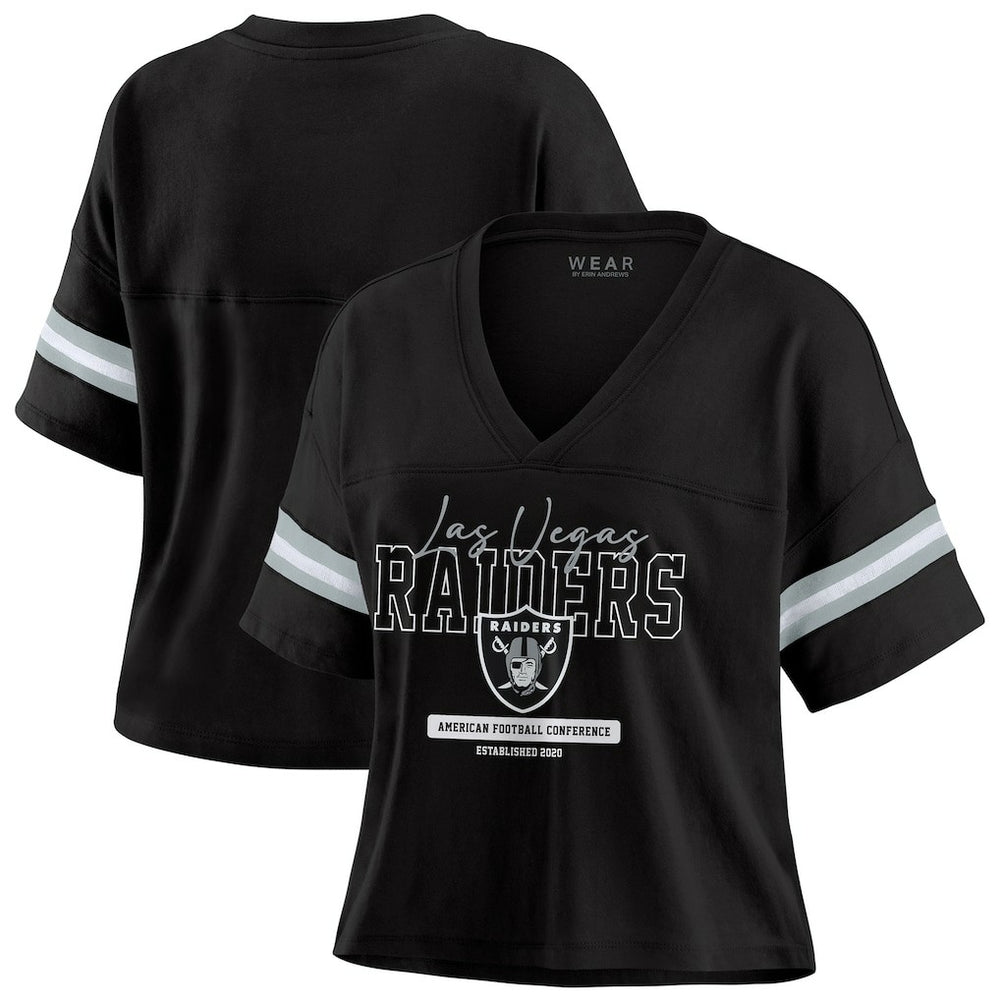 Las Vegas Raiders WEAR by Erin Andrews Women's Color Block Boxy Modest Crop V-Neck T-Shirt Black