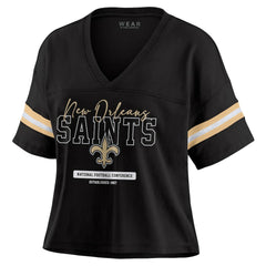 New Orleans Saints WEAR by Erin Andrews Women's Color Block Boxy Modest Crop V-Neck T-Shirt Black