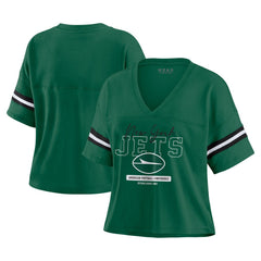 New York Jets WEAR by Erin Andrews Women's Color Block Boxy Modest Crop V-Neck T-Shirt Green