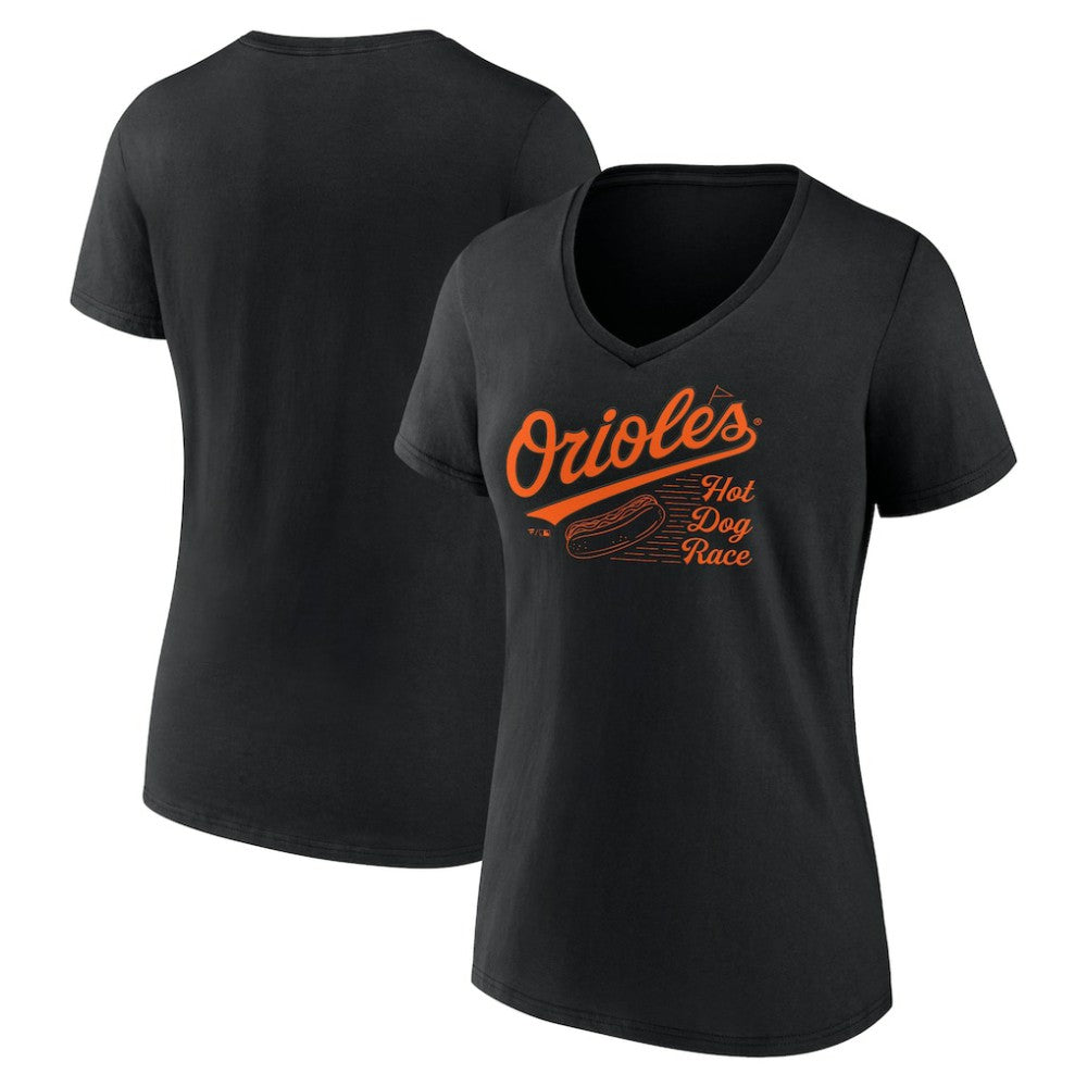 Baltimore Orioles Fanatics Women's Hot Dog Race V-Neck T-Shirt - Black - Fanatics Lifestyle
