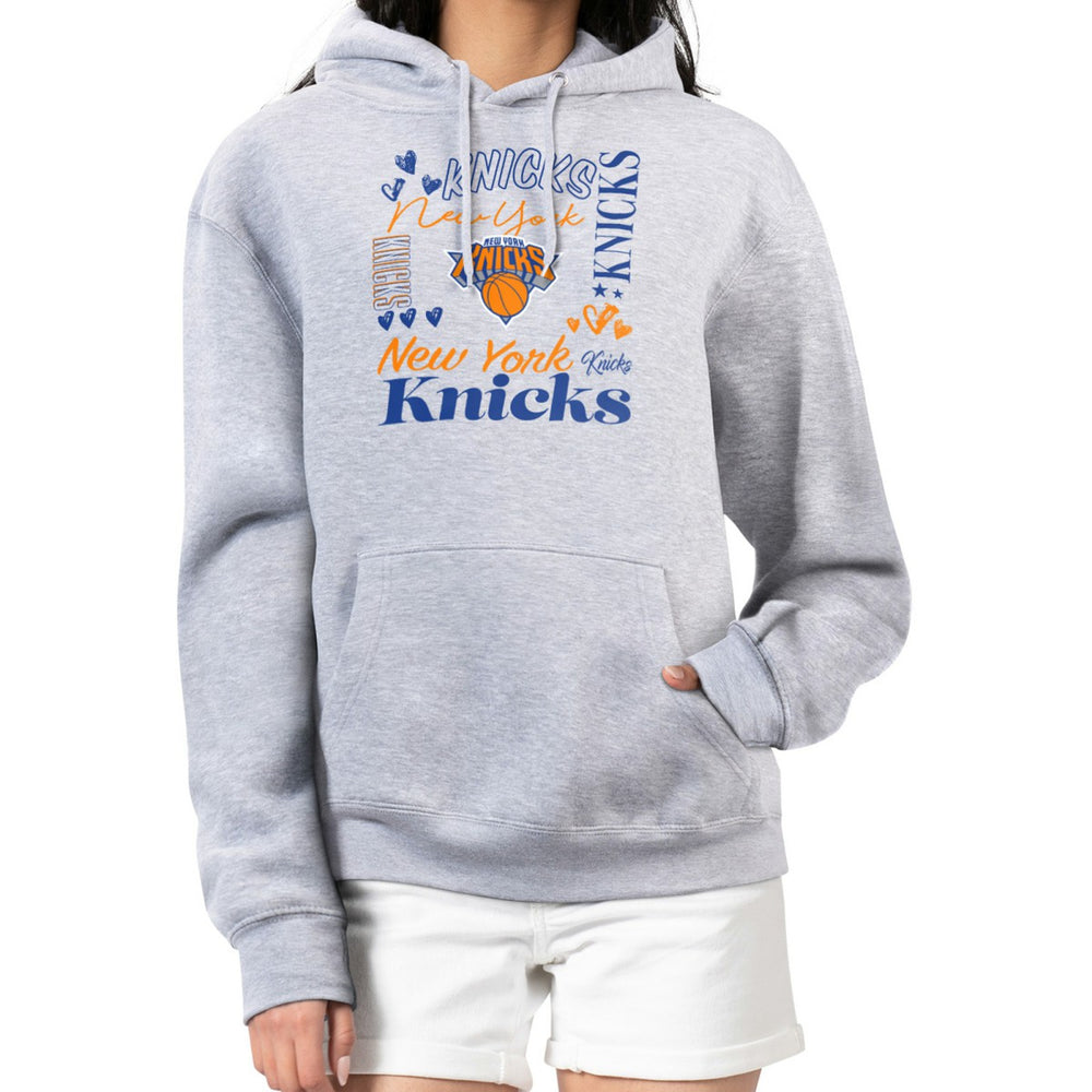 New York Knicks G-III 4Her by Carl Banks Women's Team Collage Graphic Fleece Pullover Hoodie Heather Gray