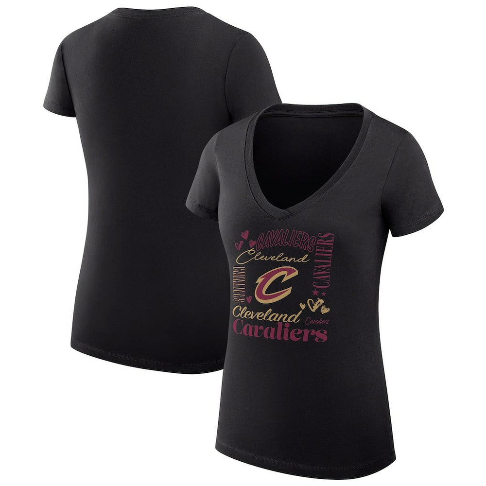 Cleveland Cavaliers G-III 4Her by Carl Banks Women's Super-Slim Fit Lightweight Team Name Collage Graphic V-Neck T-Shirt Black