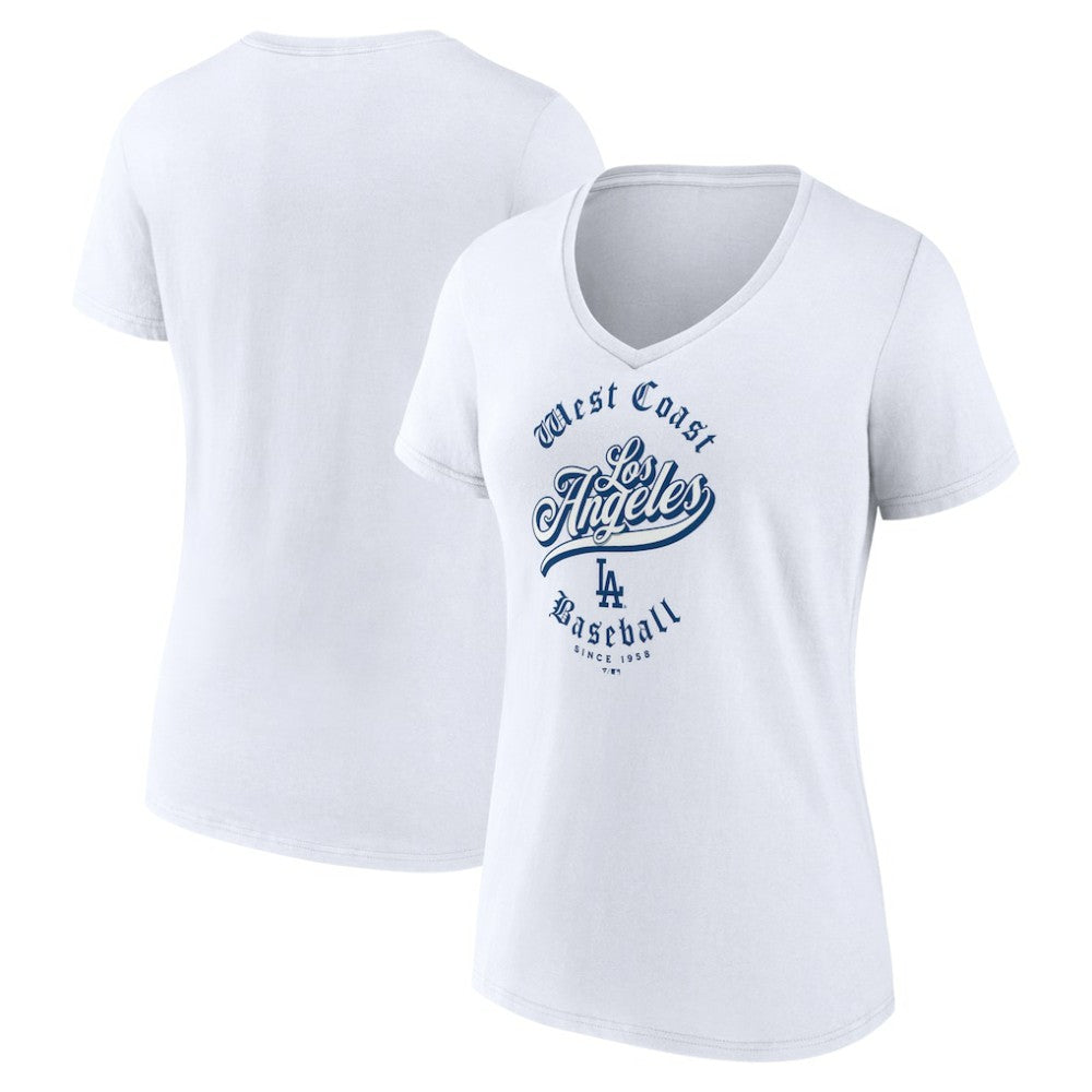 Los Angeles Dodgers Women's West Coast Baseball V-Neck T-Shirt - White - MLB Lifestyle