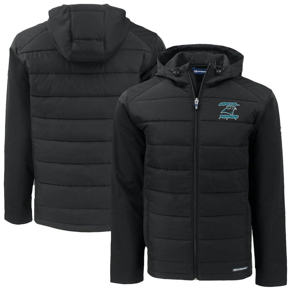 Carolina Panthers Cutter & Buck Evoke Hybrid Eco Softshell Recycled Full-Zip Hoodie Jacket Black