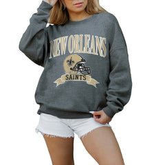 New Orleans Saints Gameday Couture Women's Oversized Seal The Deal Premium Fleece Drop Shoulder Pullover Sweatshirt Charcoal