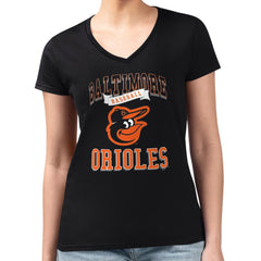 Baltimore Orioles G-III 4Her by Carl Banks Women's Super-Slim Fit Lightweight Team Logo Graphic V-Neck T-Shirt - Black - MLB Lifestyle