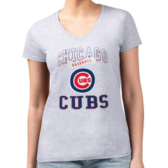 Chicago Cubs G-III 4Her by Carl Banks Women's Super-Slim Fit Lightweight Team Logo Graphic V-Neck T-Shirt - Heather Gray - MLB Online