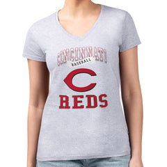 Cincinnati Reds G-III 4Her by Carl Banks Women's Super-Slim Fit Lightweight Team Logo Graphic V-Neck T-Shirt - Heather Gray - MLB on Sale