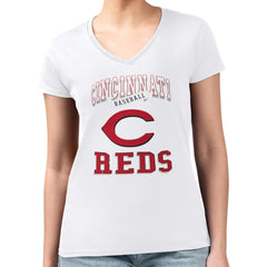 Cincinnati Reds G-III 4Her by Carl Banks Women's Super-Slim Fit Lightweight Team Logo Graphic V-Neck T-Shirt - White - MLB Discount