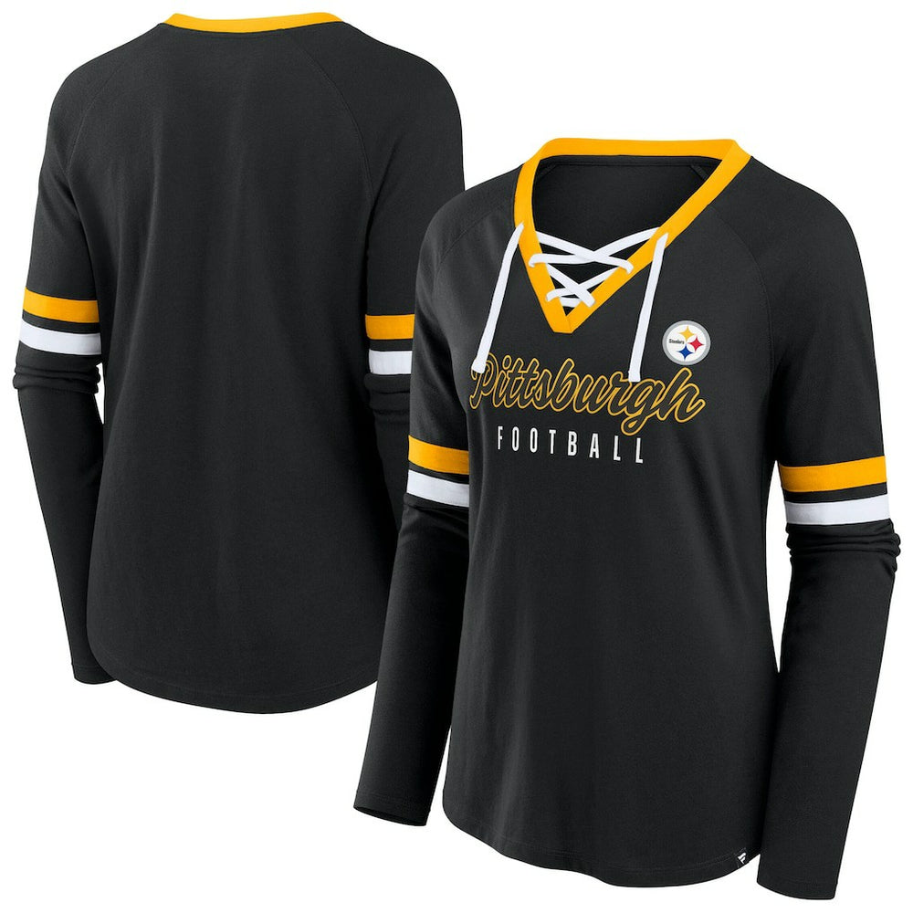Fanatics Pittsburgh Steelers Women's Plus Size Won & Done Lace-Up V-Neck Long Sleeve T-Shirt Black