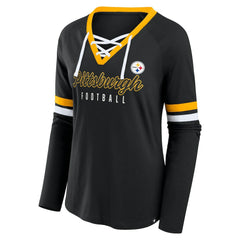 Fanatics Pittsburgh Steelers Women's Plus Size Won & Done Lace-Up V-Neck Long Sleeve T-Shirt Black