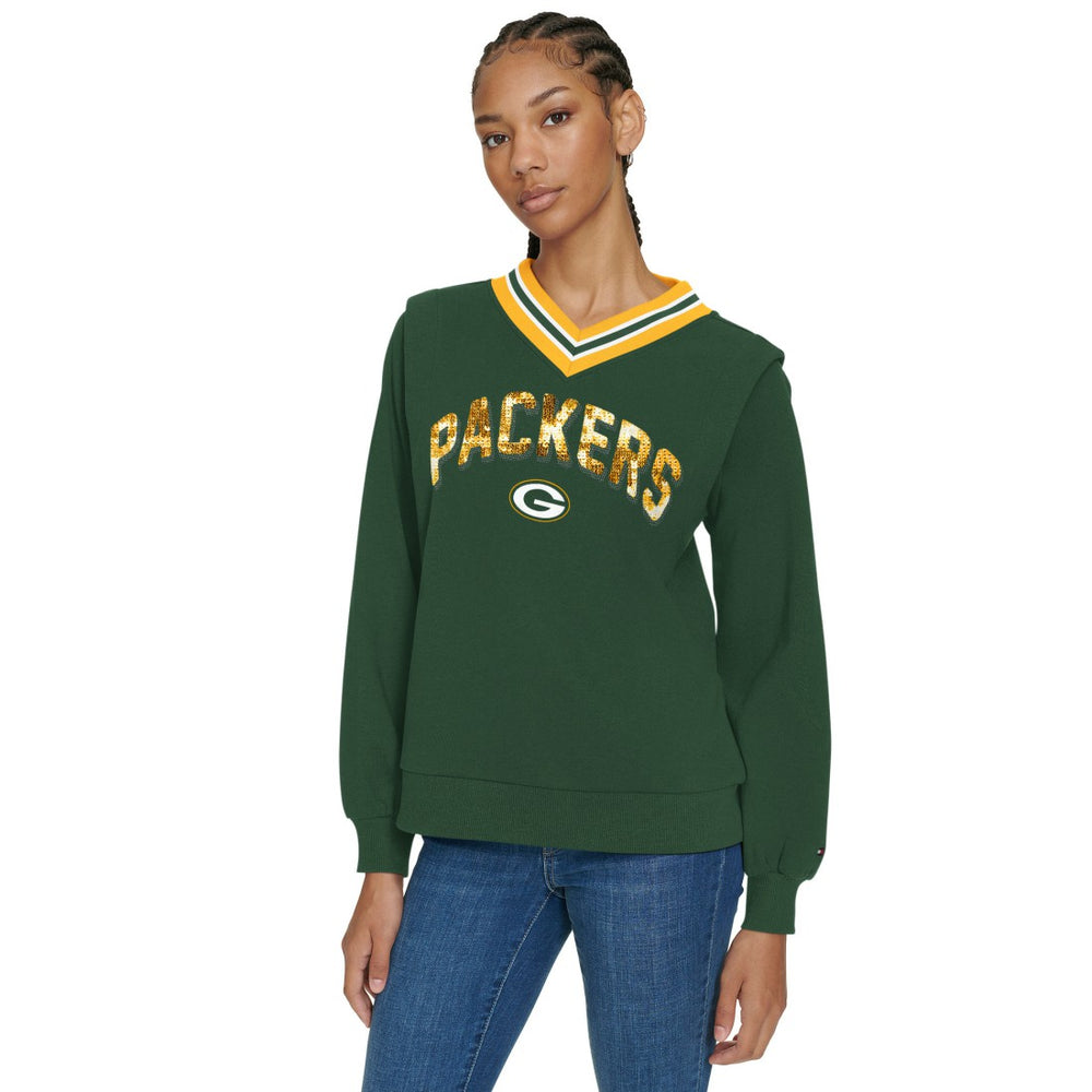 Green Bay Packers Tommy Hilfiger Women's Alice V-Neck Pullover Sweatshirt Green