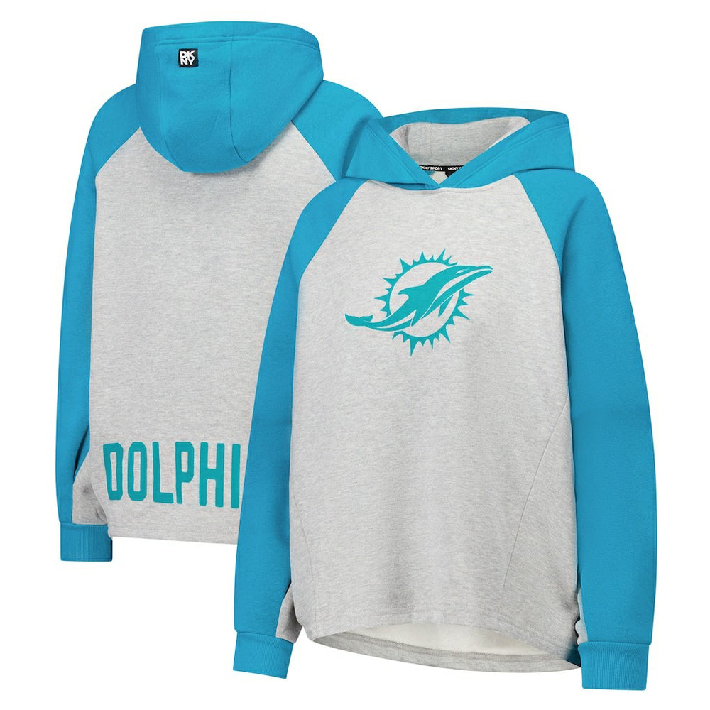 Miami Dolphins DKNY Sport Women's Joy Cropped Raglan Pullover Hoodie - Gray/Aqua