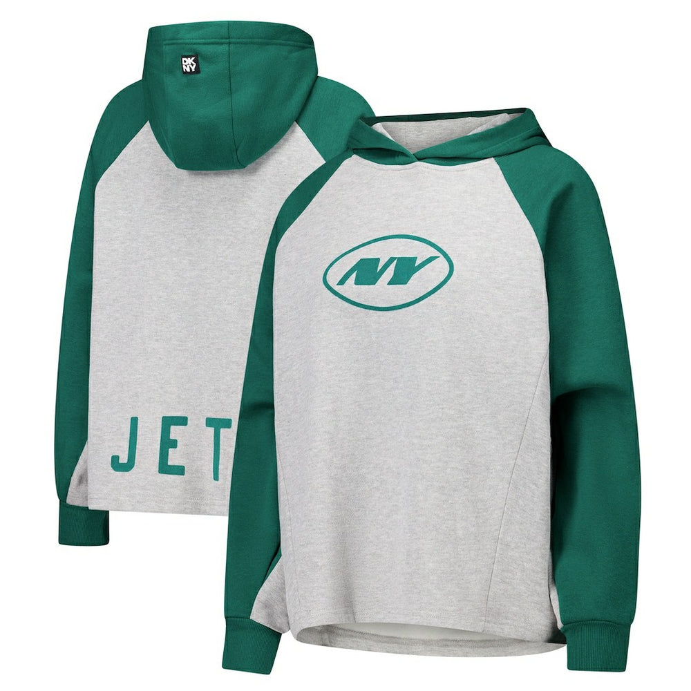 New York Jets DKNY Sport Women's Joy Cropped Raglan Pullover Hoodie - Gray/Green
