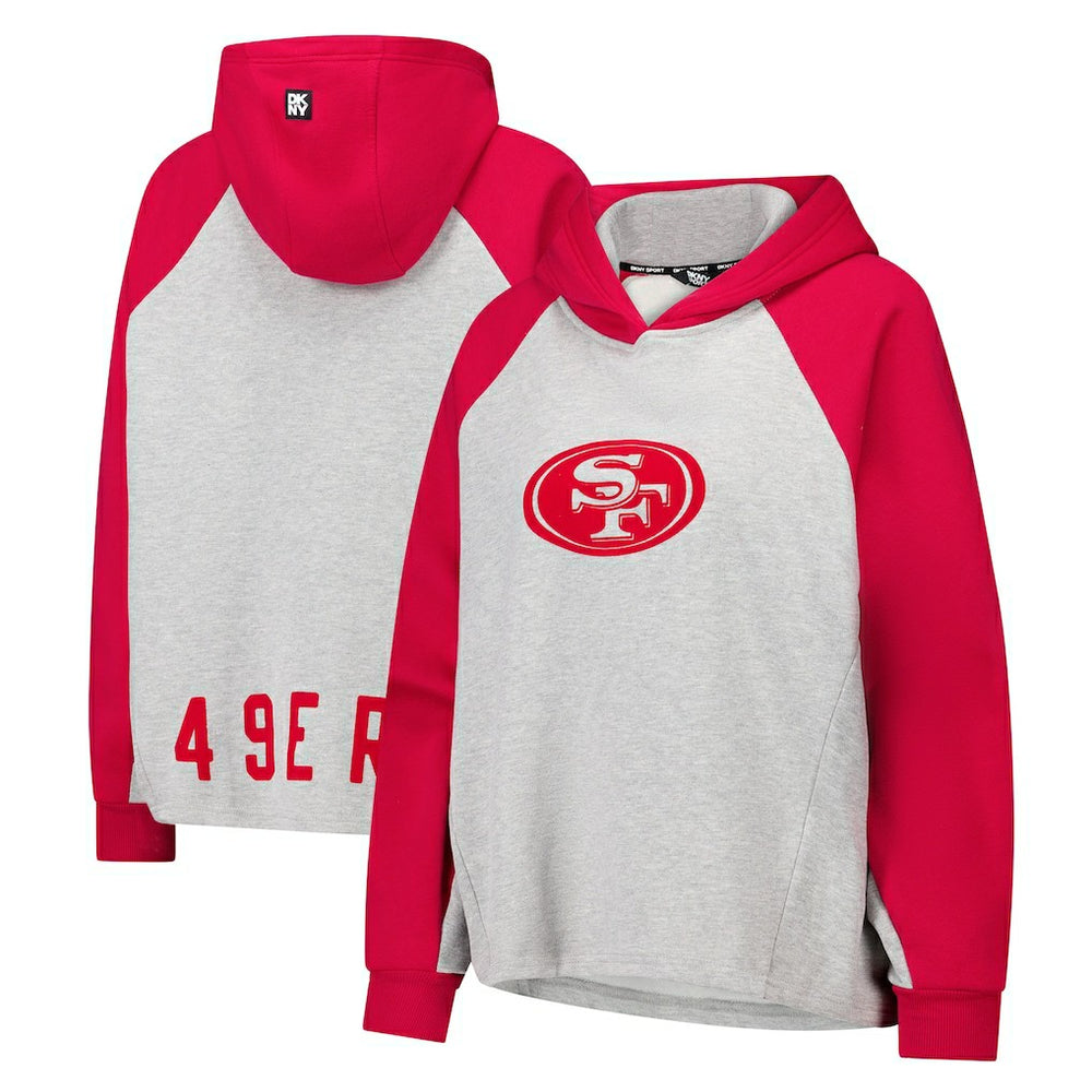 San Francisco 49ers DKNY Sport Women's Joy Cropped Raglan Pullover Hoodie - Gray/Scarlet