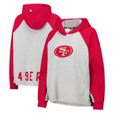 San Francisco 49ers DKNY Sport Women's Joy Cropped Raglan Pullover Hoodie - Gray/Scarlet