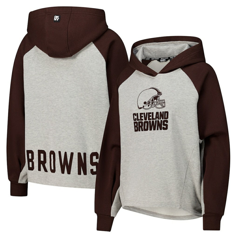 Cleveland Browns DKNY Sport Women's Joy Cropped Raglan Pullover Hoodie - Gray/Brown