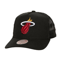 Miami Heat Monogram Allover Logo Mesh Trucker Adjustable Hat Black | Mitchell & Ness Lifestyle